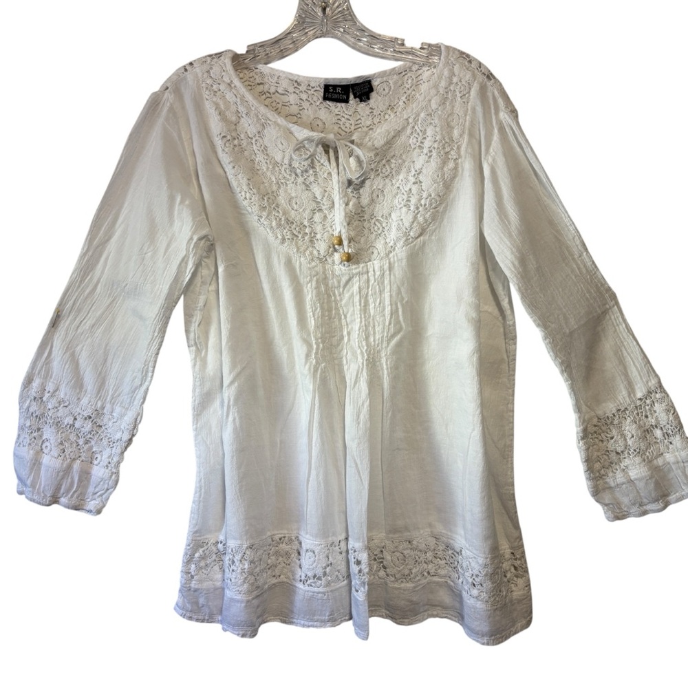 S.R. Fashion Crochet lace white top 3/4 sleeves 100% cotton crinkle fabric beach - Picture 3 of 12